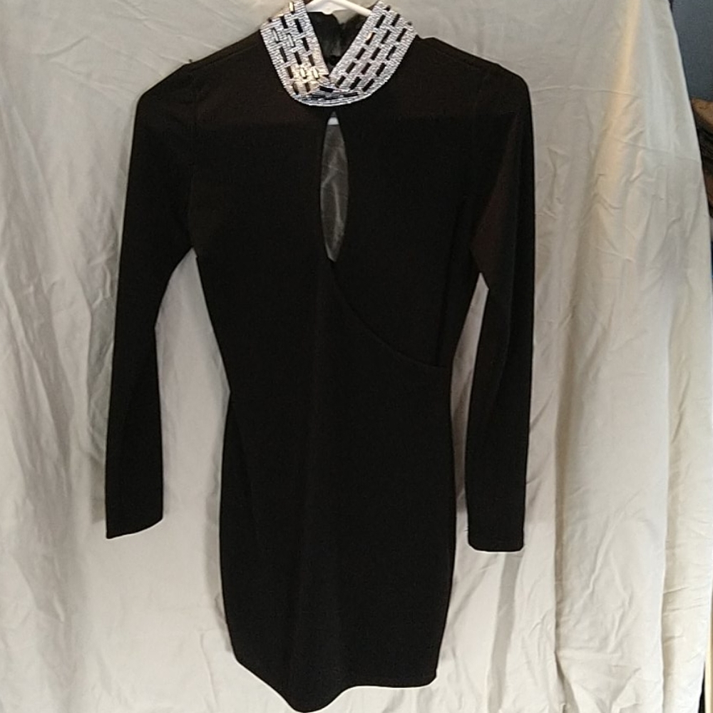 Rhinestone collar crepe knit cocktail dress